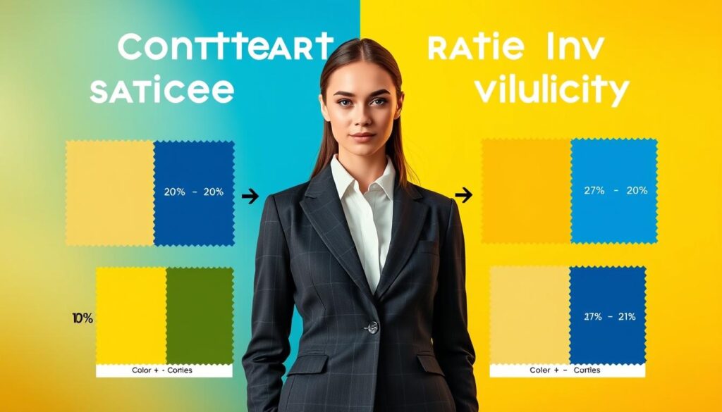 A visually engaging image showcasing the principles of contrast ratio and color theory for brand palette visibility. In the foreground, display a professional model dressed in smart business attire, standing confidently against a vibrant backdrop of contrasting colors – a rich blue and a bright yellow. The model's face should be well-lit, highlighting their expressions, with soft, diffused lighting that emphasizes the harmony of colors around them. In the middle ground, incorporate oversized color swatches demonstrating various contrast ratios, alongside arrows illustrating the relationship between visibility and background colors. The background should be slightly blurred to keep the focus on the model and the color swatches, creating an atmosphere of professionalism and creativity, suitable for an article on branding and fashion integration. A visually engaging image showcasing the principles of contrast ratio and color theory for brand palette visibility. In the foreground, display a professional model dressed in smart business attire, standing confidently against a vibrant backdrop of contrasting colors – a rich blue and a bright yellow. The model's face should be well-lit, highlighting their expressions, with soft, diffused lighting that emphasizes the harmony of colors around them. In the middle ground, incorporate oversized color swatches demonstrating various contrast ratios, alongside arrows illustrating the relationship between visibility and background colors. The background should be slightly blurred to keep the focus on the model and the color swatches, creating an atmosphere of professionalism and creativity, suitable for an article on branding and fashion integration.