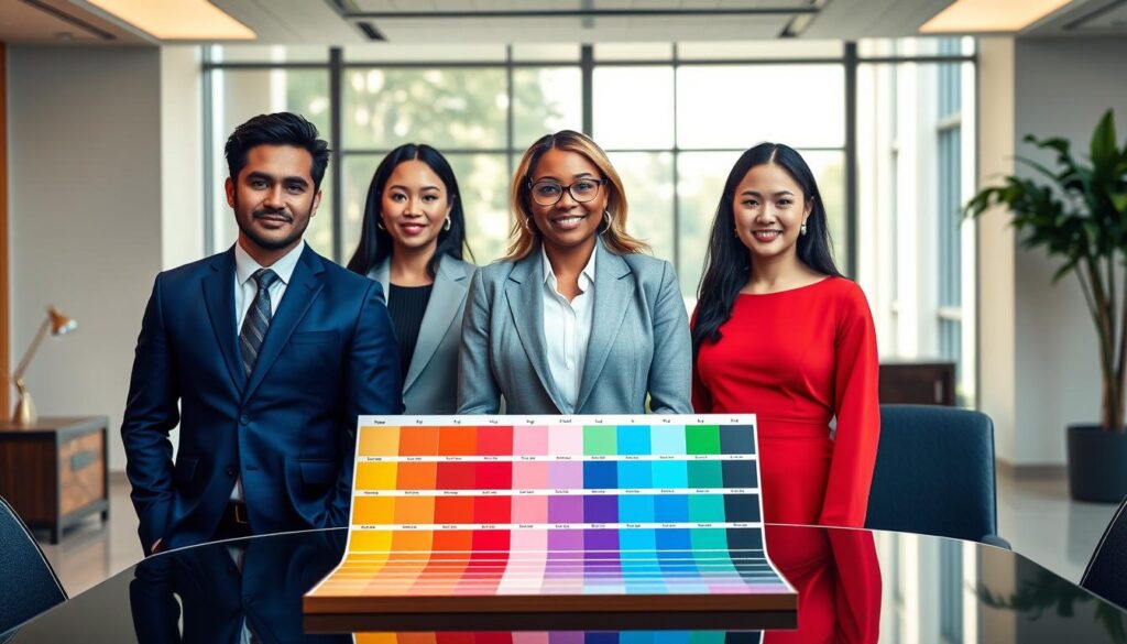 A visually striking composition focusing on various professional headshot color choices representing cultural and industry considerations. In the foreground, a diverse group of three individuals wearing different professional business attire—one in a deep blue suit, another in a light grey blazer, and the third in a vibrant red dress. Their expressions are confident, reflecting professionalism. The middle ground features a color palette display with swatches of colors symbolizing different meanings in various cultures, arranged aesthetically on a sleek table. The background shows an elegant office setting with soft natural lighting coming through large windows, creating a warm and inviting atmosphere. The scene captures the importance of color psychology in professional contexts, blending cultural richness with industry relevance. A visually striking composition focusing on various professional headshot color choices representing cultural and industry considerations. In the foreground, a diverse group of three individuals wearing different professional business attire—one in a deep blue suit, another in a light grey blazer, and the third in a vibrant red dress. Their expressions are confident, reflecting professionalism. The middle ground features a color palette display with swatches of colors symbolizing different meanings in various cultures, arranged aesthetically on a sleek table. The background shows an elegant office setting with soft natural lighting coming through large windows, creating a warm and inviting atmosphere. The scene captures the importance of color psychology in professional contexts, blending cultural richness with industry relevance.