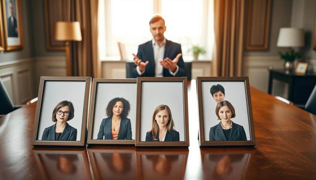 A well-organized selection process for capsule wardrobe headshots featuring a table displaying three shortlisted images of professional individuals. In the foreground, three framed headshot photographs are neatly arranged on a polished wooden table, showcasing diverse individuals in professional business attire, including tailored blazers and subtle, colorful accessories. In the middle ground, a pair of hands can be seen thoughtfully gesturing towards the images, as if discussing their selection. The background features a softly lit office environment, with elegant decor, enhancing a focused and collaborative atmosphere. Natural sunlight streams in through a large window, creating a warm glow that highlights the professionalism of the scene. The overall mood is one of thoughtful decision-making and creativity in personal branding. A well-organized selection process for capsule wardrobe headshots featuring a table displaying three shortlisted images of professional individuals. In the foreground, three framed headshot photographs are neatly arranged on a polished wooden table, showcasing diverse individuals in professional business attire, including tailored blazers and subtle, colorful accessories. In the middle ground, a pair of hands can be seen thoughtfully gesturing towards the images, as if discussing their selection. The background features a softly lit office environment, with elegant decor, enhancing a focused and collaborative atmosphere. Natural sunlight streams in through a large window, creating a warm glow that highlights the professionalism of the scene. The overall mood is one of thoughtful decision-making and creativity in personal branding.