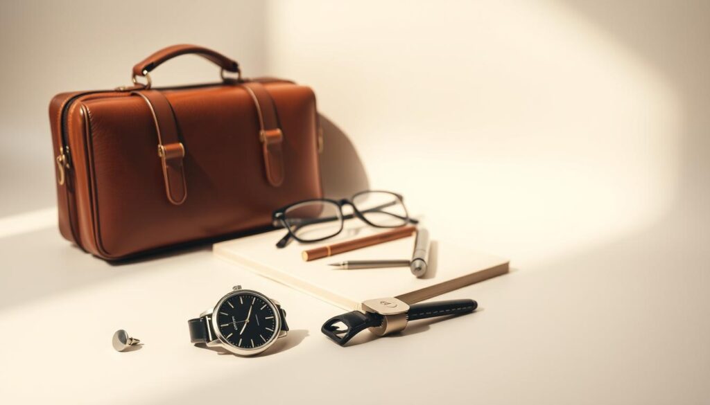 A clean, minimalist display of various business accessories ideal for professional attire, arranged artfully on a sleek, neutral-toned surface. In the foreground, there's a sophisticated leather briefcase, a polished silver cufflink, and a minimalist watch with a black strap. In the middle, a simple yet elegant pair of eyeglasses rests beside a classic notebook and a fountain pen with a metallic finish. The background features soft, diffused lighting that creates a warm and inviting atmosphere, casting gentle shadows. The composition is captured from a slightly elevated angle to emphasize the texture and details of each item, exuding professionalism and refinement. The mood is aspirational, perfect for highlighting the importance of accessorizing for impactful professional presentations. A clean, minimalist display of various business accessories ideal for professional attire, arranged artfully on a sleek, neutral-toned surface. In the foreground, there's a sophisticated leather briefcase, a polished silver cufflink, and a minimalist watch with a black strap. In the middle, a simple yet elegant pair of eyeglasses rests beside a classic notebook and a fountain pen with a metallic finish. The background features soft, diffused lighting that creates a warm and inviting atmosphere, casting gentle shadows. The composition is captured from a slightly elevated angle to emphasize the texture and details of each item, exuding professionalism and refinement. The mood is aspirational, perfect for highlighting the importance of accessorizing for impactful professional presentations.