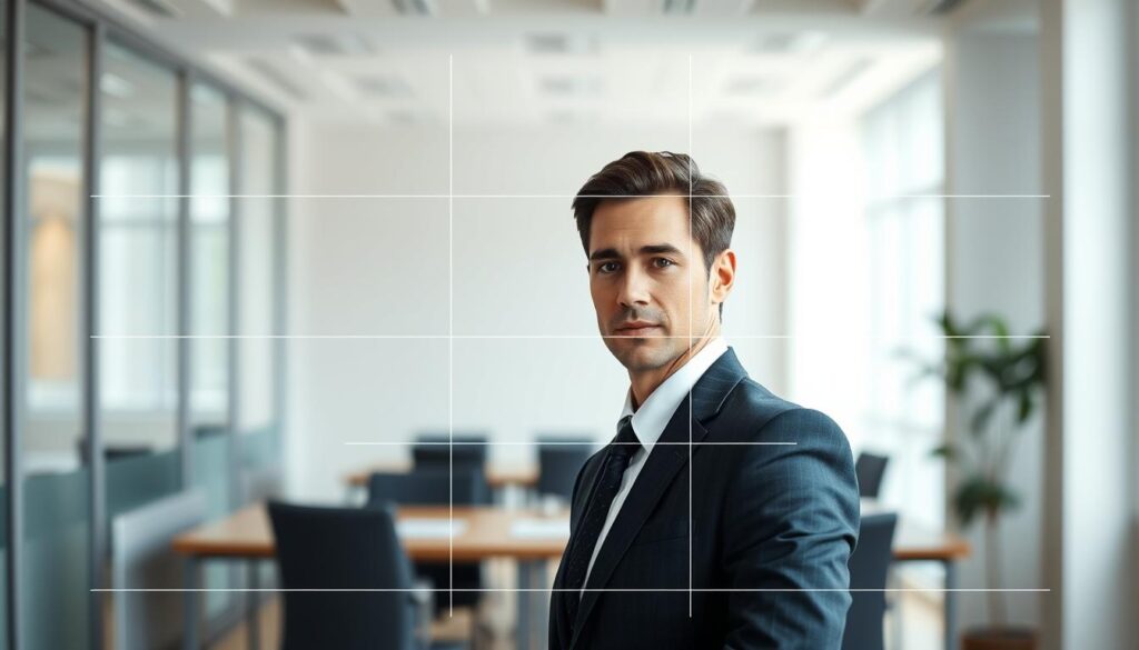 A clear and professional diagram illustrating the rule of thirds for photo cropping, designed for a modern business context. In the foreground, a grid overlay divides the image into thirds, highlighted with subtle, contrasting lines to enhance visibility. The middle section shows a well-composed headshot of a business professional wearing smart attire, positioned dynamically along the grid lines, conveying the importance of composition in photography. The background features a soft-focus office environment, with neutral tones creating a professional atmosphere. Natural lighting illuminates the headshot, with a slight emphasis on the face, showcasing clarity and detail. The overall mood is polished and informative, ideal for a business audience. The image is clean and free from any text or branding elements. A clear and professional diagram illustrating the rule of thirds for photo cropping, designed for a modern business context. In the foreground, a grid overlay divides the image into thirds, highlighted with subtle, contrasting lines to enhance visibility. The middle section shows a well-composed headshot of a business professional wearing smart attire, positioned dynamically along the grid lines, conveying the importance of composition in photography. The background features a soft-focus office environment, with neutral tones creating a professional atmosphere. Natural lighting illuminates the headshot, with a slight emphasis on the face, showcasing clarity and detail. The overall mood is polished and informative, ideal for a business audience. The image is clean and free from any text or branding elements.