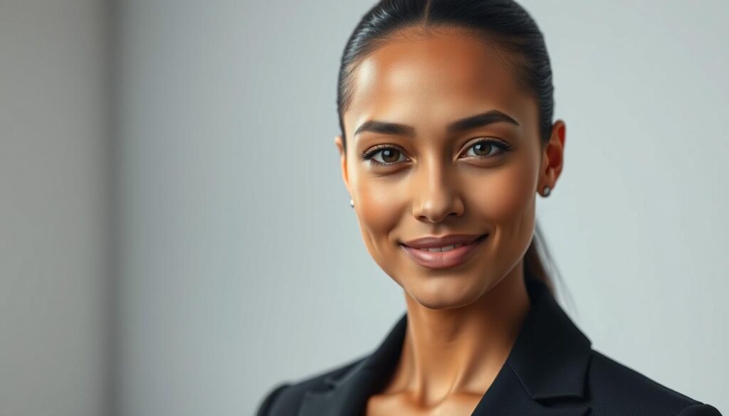 A close-up view of a professional headshot set against a sleek, sophisticated background suitable for business cards. The foreground features a model dressed in a tailored dark blazer, creating a polished look. The middle layer showcases soft, diffused lighting that highlights the model's facial features with a warm, inviting glow. The background should be a subtle gradient of muted colors, such as light gray and soft blue, providing a calm and professional atmosphere. Aim for a shallow depth of field to keep the focus on the model while blurring the background gently. The overall mood is approachable yet authoritative, ideal for modern business contexts, with a focus on professionalism and clarity. A close-up view of a professional headshot set against a sleek, sophisticated background suitable for business cards. The foreground features a model dressed in a tailored dark blazer, creating a polished look. The middle layer showcases soft, diffused lighting that highlights the model's facial features with a warm, inviting glow. The background should be a subtle gradient of muted colors, such as light gray and soft blue, providing a calm and professional atmosphere. Aim for a shallow depth of field to keep the focus on the model while blurring the background gently. The overall mood is approachable yet authoritative, ideal for modern business contexts, with a focus on professionalism and clarity.