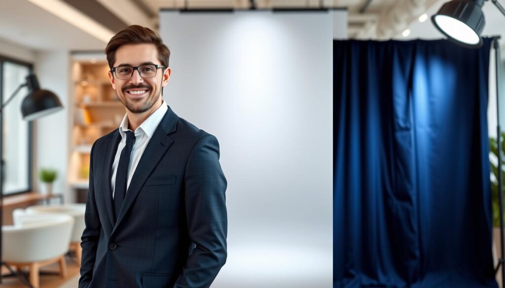 A collection of professional headshot backdrop examples, featuring three distinct setups. In the foreground, a well-dressed individual in a tailored navy suit stands confidently, with a warm smile. In the middle ground, display two additional backdrops: one a sleek, minimalistic light gray wall with soft, diffused lighting creating a friendly atmosphere, and the second a rich, dark blue fabric backdrop with subtle texture, illuminated by a soft spotlight to enhance depth. In the background, incorporate a blurred office environment that suggests professionalism, with hints of modern furniture and soft colors. The overall mood is approachable, sophisticated, and inviting, captured in crisp focus using a standard lens at eye level to bring clarity and warmth to the subject.