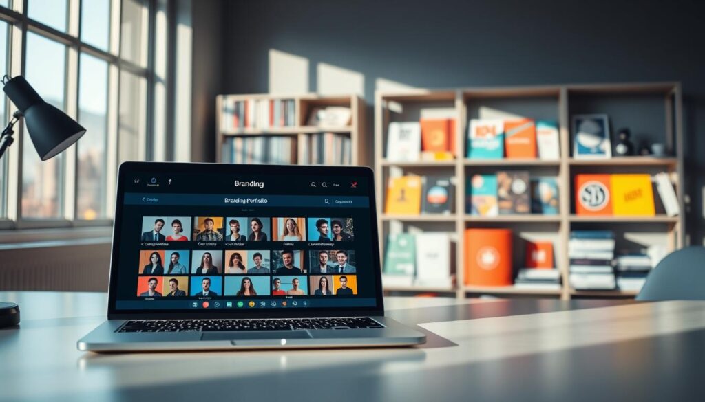 A modern digital workspace showcasing a well-organized branding portfolio. In the foreground, a sleek desk with a laptop displaying a visually appealing online portfolio, colorful thumbnails indicating different professional headshots categorized by purpose (e.g., corporate, creative, social media). In the middle, a stylish bookshelf filled with design books and vibrant brand identity guides, neatly arranged. In the background, a large window allowing soft, natural light to illuminate the scene, casting gentle shadows. The atmosphere is focused and professional, conveying ambition and creativity, with a color palette of blues and greens. The angle captures the entire setup from a slight bird's eye view, emphasizing organization and purpose in branding. A modern digital workspace showcasing a well-organized branding portfolio. In the foreground, a sleek desk with a laptop displaying a visually appealing online portfolio, colorful thumbnails indicating different professional headshots categorized by purpose (e.g., corporate, creative, social media). In the middle, a stylish bookshelf filled with design books and vibrant brand identity guides, neatly arranged. In the background, a large window allowing soft, natural light to illuminate the scene, casting gentle shadows. The atmosphere is focused and professional, conveying ambition and creativity, with a color palette of blues and greens. The angle captures the entire setup from a slight bird's eye view, emphasizing organization and purpose in branding.