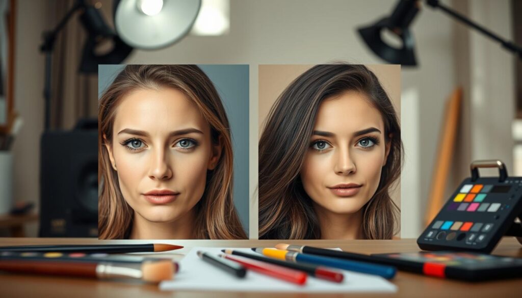 A professional headshot editing workspace featuring a close-up of two images: one unretouched and one retouched, highlighting skin, hair, and eye enhancements. In the foreground, the unretouched image shows subtle blemishes and uneven skin tone, while the retouched image showcases smooth skin, bright eyes, and well-defined hair. The setting is a softly lit studio with natural, diffused lighting to mimic an inviting atmosphere. A high-quality camera lens with a shallow depth of field focuses on the images, creating a blurred background of editing tools such as brushes and palettes. The mood is professional yet approachable, emphasizing the transformation and techniques used in headshot retouching.