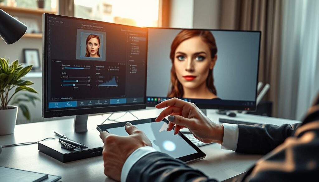 A professional headshot editing workspace, featuring a neatly organized desk with editing software open on a sleek computer monitor displaying a close-up of a headshot. In the foreground, a pair of hands gently adjusting the brightness and contrast of the image using a digital tablet. The background includes a soft-focus of natural light streaming through a window, casting a warm glow across the scene. Various editing tools like sliders and brushes are subtly visible on the screen. The atmosphere is focused and serene, emphasizing the importance of subtle retouching techniques. The person editing is dressed in a smart business attire, reinforcing a professional vibe. The overall mood conveys precision and care, highlighting the balance between enhancement and maintaining a natural look.