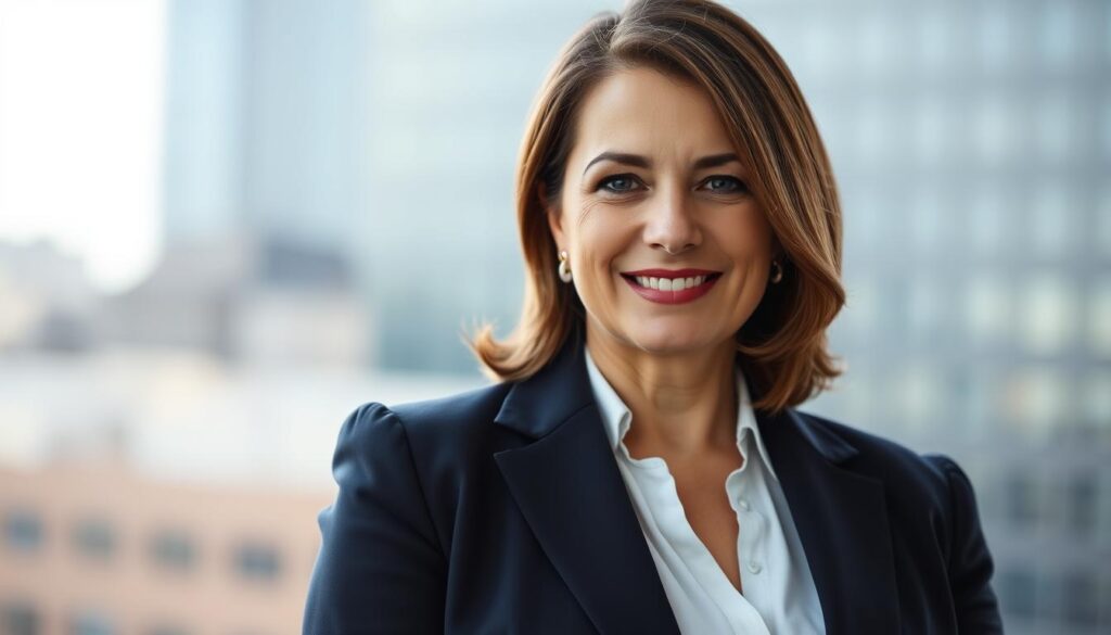 A professional headshot featuring a well-dressed individual, positioned according to the rule of thirds for dynamic composition. The subject, a middle-aged woman with shoulder-length brown hair, is dressed in a tailored navy blazer and a white blouse. Her expression is confident and approachable, embodying professionalism. The lighting is soft and natural, subtly illuminating her face from the left, enhancing her features without harsh shadows. The background is a blurred urban landscape, creating a sense of context without distraction. The focus is tight on her upper body and face, emphasizing clarity and detail suitable for a LinkedIn profile. The overall mood is uplifting and empowering, perfect for conveying a professional persona. A professional headshot featuring a well-dressed individual, positioned according to the rule of thirds for dynamic composition. The subject, a middle-aged woman with shoulder-length brown hair, is dressed in a tailored navy blazer and a white blouse. Her expression is confident and approachable, embodying professionalism. The lighting is soft and natural, subtly illuminating her face from the left, enhancing her features without harsh shadows. The background is a blurred urban landscape, creating a sense of context without distraction. The focus is tight on her upper body and face, emphasizing clarity and detail suitable for a LinkedIn profile. The overall mood is uplifting and empowering, perfect for conveying a professional persona.