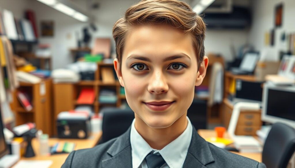 A professional headshot of a young adult in business attire, looking directly at the camera with a confident expression. The foreground captures the individual’s upper body with a sharp focus on their face, showcasing clear features and well-groomed appearance. In the middle ground, there is an overly busy and distracting background featuring cluttered office elements, chaotic colors, and various objects that detract from the subject. The lighting is bright and even, casting soft shadows on the face, with a slight bokeh effect blurring the background to emphasize the subject while still highlighting the distractions. The angle is a straight-on view, creating a formal yet slightly disconcerting atmosphere that visually illustrates the concept of distracting backgrounds in headshots.