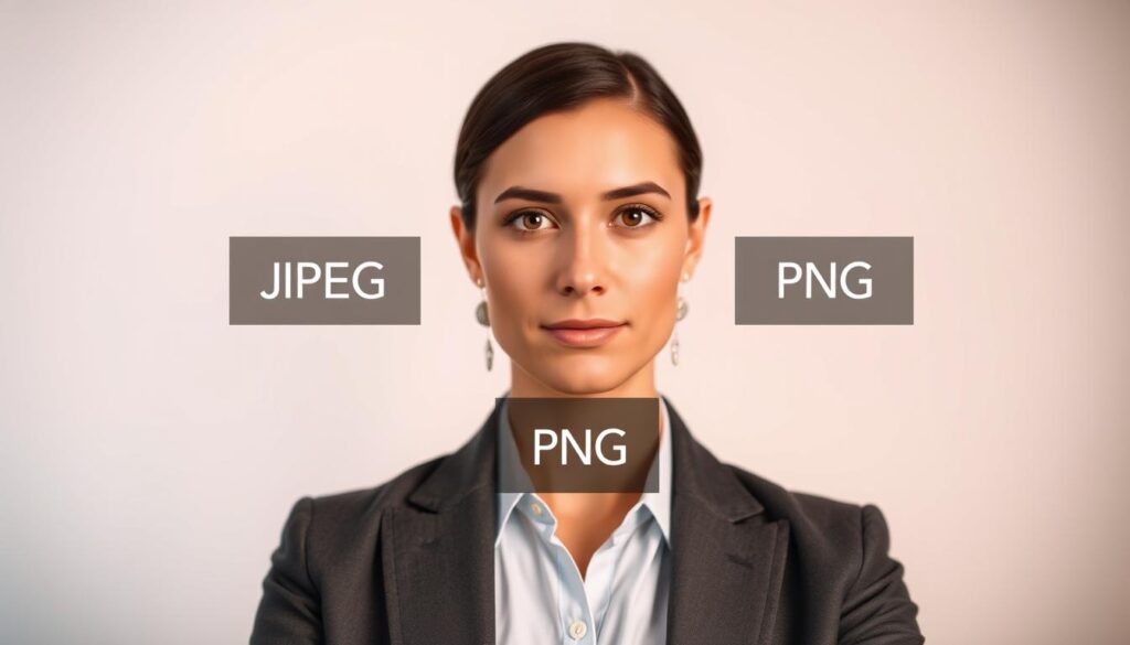 A professional headshot setup illustrating file format dimensions. In the foreground, a well-lit headshot of a person in business attire, with a neutral expression, facing the camera directly. The subject is framed from the shoulders up, occupying the central area of the image. The middle ground includes overlays of file format icons (JPEG, PNG, TIFF) displayed in a sleek, modern design, subtly blended into the background. The background is a soft gradient of light colors, suggesting a clean, professional atmosphere, while soft diffuse lighting creates a professional and inviting mood. The camera angle is straight-on, achieved with a 50mm lens focusing on crisp details without distortion. The overall composition is harmonious, emphasizing the importance of correct sizing and file format in professional headshots. A professional headshot setup illustrating file format dimensions. In the foreground, a well-lit headshot of a person in business attire, with a neutral expression, facing the camera directly. The subject is framed from the shoulders up, occupying the central area of the image. The middle ground includes overlays of file format icons (JPEG, PNG, TIFF) displayed in a sleek, modern design, subtly blended into the background. The background is a soft gradient of light colors, suggesting a clean, professional atmosphere, while soft diffuse lighting creates a professional and inviting mood. The camera angle is straight-on, achieved with a 50mm lens focusing on crisp details without distortion. The overall composition is harmonious, emphasizing the importance of correct sizing and file format in professional headshots.
