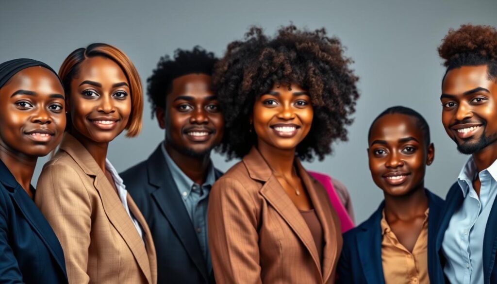 A professional headshot showcasing a diverse range of individuals of different skin tones, each dressed in tailored business attire. The subjects are positioned side by side in a harmonious arrangement, with the focus on their upper bodies and heads. Illuminate the scene with soft, even lighting that highlights the rich textures of their clothing—blues, earth tones, and vibrant colors that complement their skin tones, such as warm beiges, deep browns, and cool pinks. The background is a subtle gradient, allowing the subjects to stand out, contributing to a polished and professional atmosphere. Use a portrait lens with a shallow depth of field to create a gentle blur in the background, ensuring the emphasis remains on the individuals' confident expressions and color choices. The overall mood is empowering and inspirational, ideal for a setting focused on professionalism and self-presentation. A professional headshot showcasing a diverse range of individuals of different skin tones, each dressed in tailored business attire. The subjects are positioned side by side in a harmonious arrangement, with the focus on their upper bodies and heads. Illuminate the scene with soft, even lighting that highlights the rich textures of their clothing—blues, earth tones, and vibrant colors that complement their skin tones, such as warm beiges, deep browns, and cool pinks. The background is a subtle gradient, allowing the subjects to stand out, contributing to a polished and professional atmosphere. Use a portrait lens with a shallow depth of field to create a gentle blur in the background, ensuring the emphasis remains on the individuals' confident expressions and color choices. The overall mood is empowering and inspirational, ideal for a setting focused on professionalism and self-presentation.