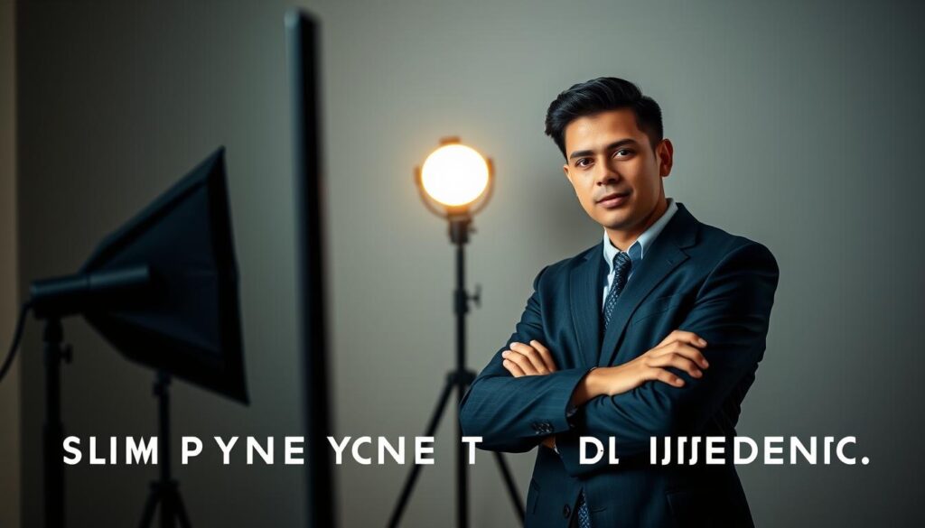 A professional individual in a confident pose, practicing for a headshot. The subject is dressed in smart business attire, showcasing a poised posture with arms crossed, exuding self-assurance. In the foreground, a mirror reflects their focused expression, emphasizing concentration and intent. The middle ground features a well-lit studio setting with a softbox casting gentle light, creating a warm glow on the subject’s face. The background is a blurred gradient of muted colors, suggesting a calm and supportive environment for practice. The overall mood is inspiring and motivating, encouraging viewers to embrace confidence in their own expressions. A slight upward angle enhances the subject's stature, contributing to an air of authority and professionalism.