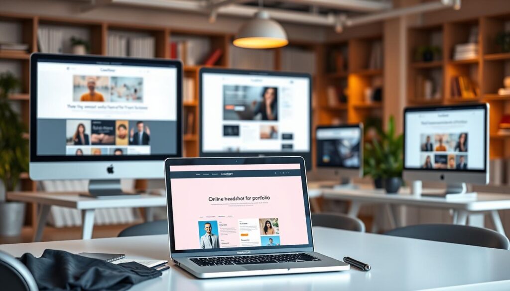 A sleek and modern digital workspace scene depicting various online portfolio platforms on computer screens. In the foreground, a well-organized desk with a laptop showcasing a vibrant online headshot portfolio, surrounded by professional business attire items like a blazer and notepad. The middle ground features additional monitors displaying different portfolio templates and creative layouts, emphasizing the versatility of online platforms. The background is filled with soft-focus elements of a stylish office, such as bookshelves and plants, bathed in warm, inviting lighting. The atmosphere is one of professionalism and ambition, inspiring creativity and focus in the viewer. Use a wide-angle perspective to capture the cooperative energy of this creative environment. A sleek and modern digital workspace scene depicting various online portfolio platforms on computer screens. In the foreground, a well-organized desk with a laptop showcasing a vibrant online headshot portfolio, surrounded by professional business attire items like a blazer and notepad. The middle ground features additional monitors displaying different portfolio templates and creative layouts, emphasizing the versatility of online platforms. The background is filled with soft-focus elements of a stylish office, such as bookshelves and plants, bathed in warm, inviting lighting. The atmosphere is one of professionalism and ambition, inspiring creativity and focus in the viewer. Use a wide-angle perspective to capture the cooperative energy of this creative environment.