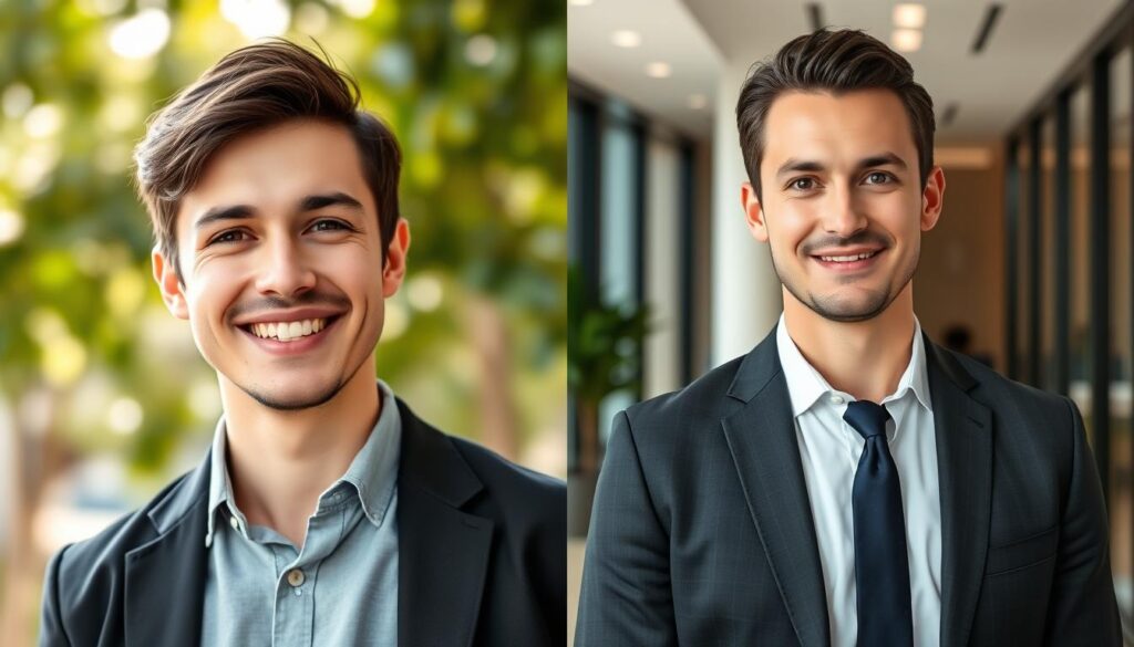 A split image featuring two approachable headshot expressions. On the left, a friendly person smiling warmly, wearing a smart casual shirt and a blazer, set against a softly blurred outdoor background with green foliage, suggesting a relaxed yet professional atmosphere. The person faces the camera with a slight tilt of their head, direct eye contact, and an inviting smile, illuminated by soft, natural lighting. On the right, another individual presents a formal look, dressed in a tailored business suit, standing in an office environment with a sleek, modern aesthetic. They display a confident yet approachable expression, with a subtle smile, under bright, controlled studio lighting. The composition highlights the contrast between friendly and formal looks, maintaining a cohesive and professional style throughout.