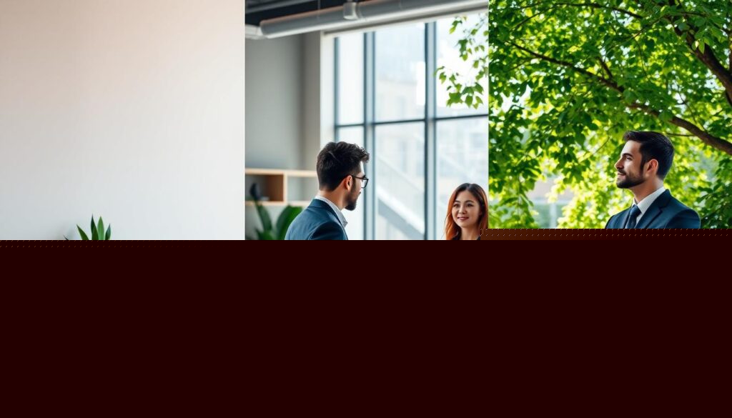 A split image showcasing a comparison between three backdrops: on the left, a neutral indoor setting with soft, diffused lighting, featuring a smooth gray wall and natural wood accents, conveying a professional yet inviting feel; in the center, a modern office environment with stylish furniture, large windows allowing vibrant daylight, and subtle decorative plants, enhancing the workplace atmosphere; on the right, an outdoor scene with lush greenery, dappled sunlight filtering through tree leaves, creating a fresh and lively outdoor backdrop. Each section should be distinctly separated yet harmoniously presented, capturing the essence of professionalism. The image has a balanced composition, high-resolution clarity, and a slight depth of field effect to emphasize the foreground while keeping the backgrounds soft but recognizable. The mood is uplifting and versatile, suitable for various professional contexts, depicting individuals dressed in neat business attire engaged in conversation or thoughtfully posed.
