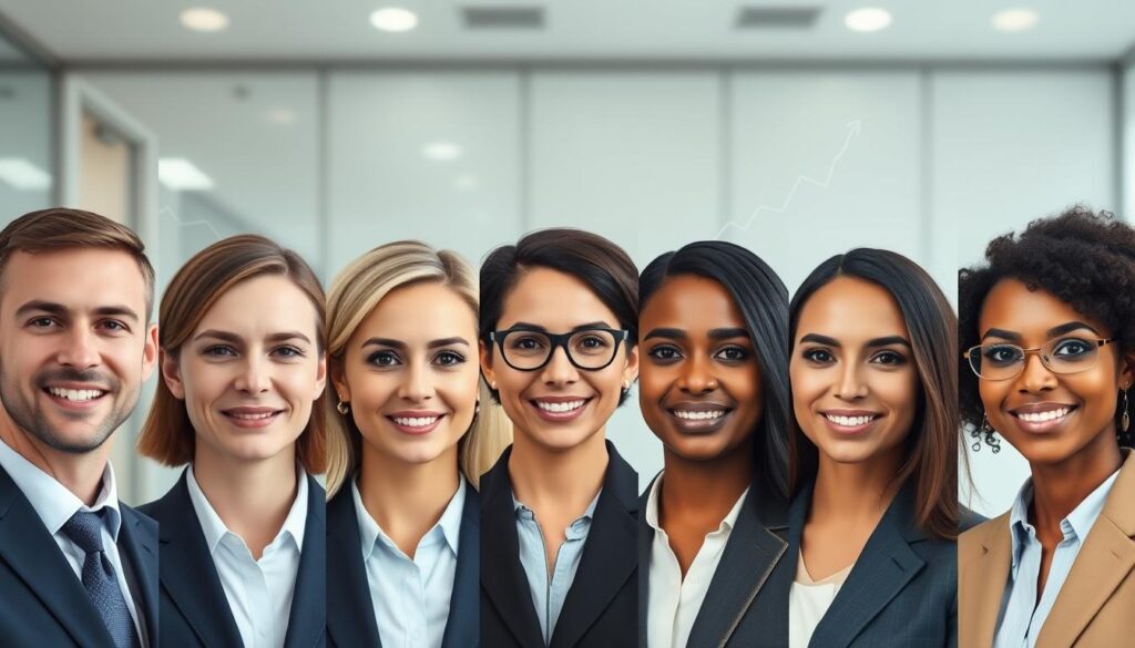 A clean, professional LinkedIn headshot setting featuring multiple individual portraits arranged in a collage format. In the foreground, depict six side-by-side headshots of diverse professionals in crisp, tailored business attire, each with a unique expression conveying confidence and approachability. The middle layer includes subtle backgrounds resembling a corporate office environment, with soft, natural lighting that highlights faces gently. Add faint graphs and metrics icons in the background, suggesting professional growth and success. The overall mood should be inspiring and motivating, emphasizing personal transformation and career advancement. Use a shallow depth of field to keep the focus on the portraits, blurring the backgrounds for a sophisticated look.
