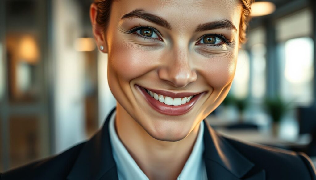 A close-up portrait of a confident person showcasing perfectly defined jawline and subtle micro-expressions. The individual is dressed in professional business attire, exuding poise and approachability. Their face is slightly tilted, illuminated by soft diffused lighting that accentuates facial features and adds a warm glow. In the background, a blurred urban office environment can be seen, enhancing the focus on the subject's facial expressions. The person's eyes convey engagement and warmth, with a genuine smile that radiates confidence. Capture the essence of expert posing techniques through a polished lens effect, creating a refined atmosphere that inspires authenticity and connection.
