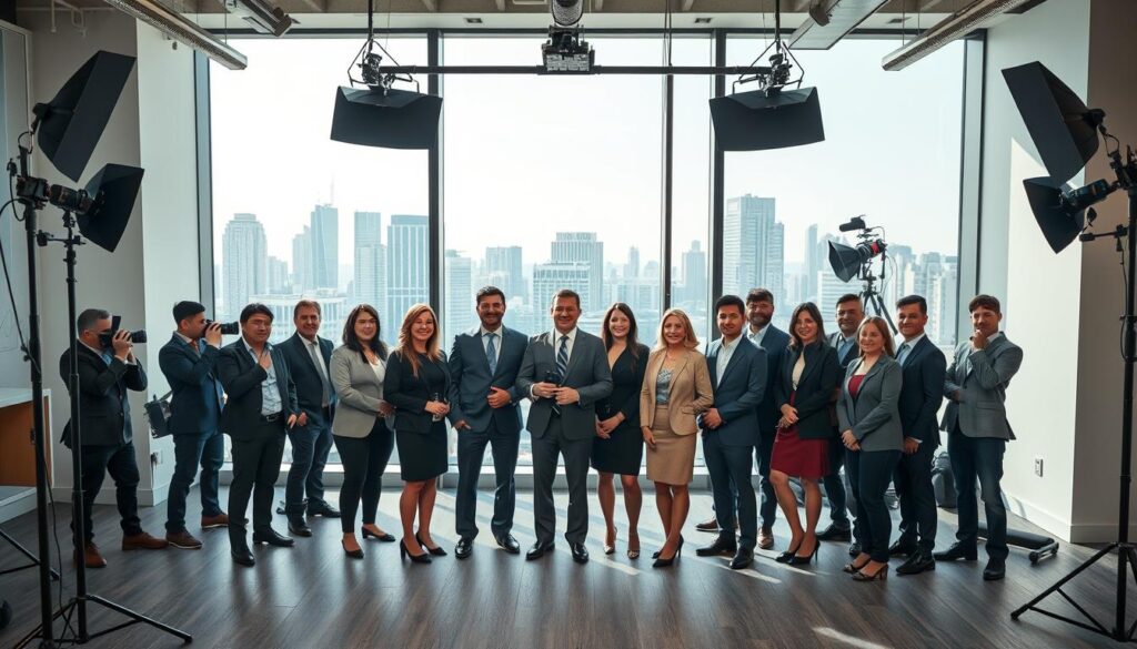 A dynamic scene depicting a coordinated photography session for multi-location teams in modern office environments. In the foreground, a diverse group of professionals in business attire stands confidently together, showcasing a sense of unity and leadership. The middle ground includes various photographers adjusting their cameras and lighting equipment, emphasizing the meticulous planning behind the shoot. In the background, large windows reveal different city skylines, hinting at the multi-city aspect. The lighting is bright and natural, with soft diffusers to create flattering tones. The mood is vibrant and professional, reflecting a commitment to quality and brand cohesion. The angle captures the energy and collaboration among team members and vendors seamlessly coordinating the process.