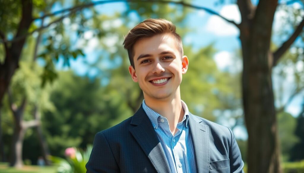 A professional outdoor headshot in natural light, featuring a young adult man in a smart casual outfit, standing confidently in a lush green park. Foreground: the subject’s head and shoulders are sharply focused, showcasing his friendly expression and warm smile. Middle ground: softly blurred trees and plants, creating a harmonious and inviting atmosphere. Background: a bright blue sky with gentle white clouds adds depth, suggesting a beautiful sunny day. The lighting is soft and natural, casting flattering shadows. The image is taken with a 50mm lens at eye level, evoking a sense of openness and approachability, perfect for conveying the essence of personal branding in an outdoor setting. A professional outdoor headshot in natural light, featuring a young adult man in a smart casual outfit, standing confidently in a lush green park. Foreground: the subject’s head and shoulders are sharply focused, showcasing his friendly expression and warm smile. Middle ground: softly blurred trees and plants, creating a harmonious and inviting atmosphere. Background: a bright blue sky with gentle white clouds adds depth, suggesting a beautiful sunny day. The lighting is soft and natural, casting flattering shadows. The image is taken with a 50mm lens at eye level, evoking a sense of openness and approachability, perfect for conveying the essence of personal branding in an outdoor setting.
