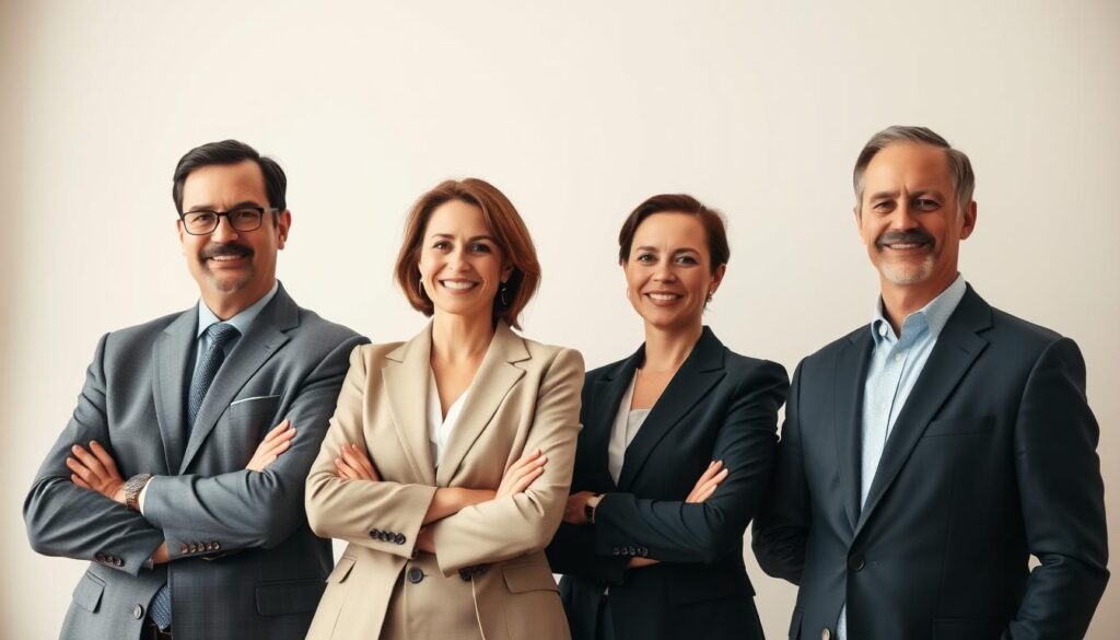 A professional photography setting with a focus on four executives, each displaying distinct expressions: authority, warmth, resolve, and optimism. The scene is well-lit, featuring soft natural light that enhances skin tones and creates an inviting atmosphere. Each executive is dressed in professional business attire, well-groomed, and positioned in a relaxed yet confident pose. The composition captures them from the waist up, against a clean, minimalistic background that subtly complements their clothing. The camera angle is slightly elevated, giving a sense of stature and leadership, with shallow depth of field to softly blur the background. The overall mood conveys professionalism and approachability, perfect for conveying executive presence.