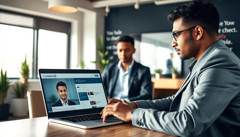A professional recruiter sitting at a modern office desk, reviewing a LinkedIn profile on their laptop, portraying focus and engagement. In the foreground, the laptop screen displays a vibrant LinkedIn profile, showcasing a well-lit, approachable headshot in a business setting. The middle ground features the recruiter, a diverse individual in a smart blazer, with soft lighting accentuating their concentration and thoughtful expression. The background highlights a stylish office environment, with motivational quotes on the wall and plants for a fresh ambiance. Natural sunlight streams through a window, creating a warm and inviting atmosphere. The overall mood is professional and inspiring, emphasizing the importance of a standout profile view in the recruitment process.
