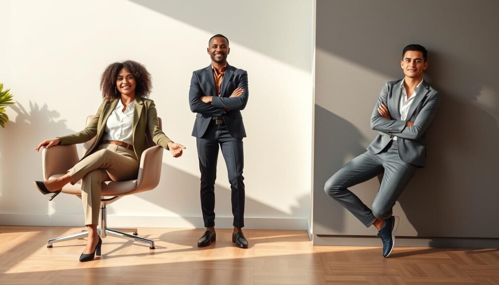 A professional setting showcasing three diverse individuals in various poses: one sitting casually on a modern chair with an open posture, another standing confidently with arms relaxed at their sides, and the last leaning slightly against a stylish wall, displaying a composed yet approachable demeanor. Each person should be dressed in smart business attire or modest casual clothing, reflecting different body types and ethnicities. The lighting is soft and natural, casting gentle shadows to create depth, with the background featuring a minimalist office environment. The focus should be on the dynamic interplay of asymmetry in their poses, conveying a sense of confidence and approachability, while maintaining a harmonious composition.