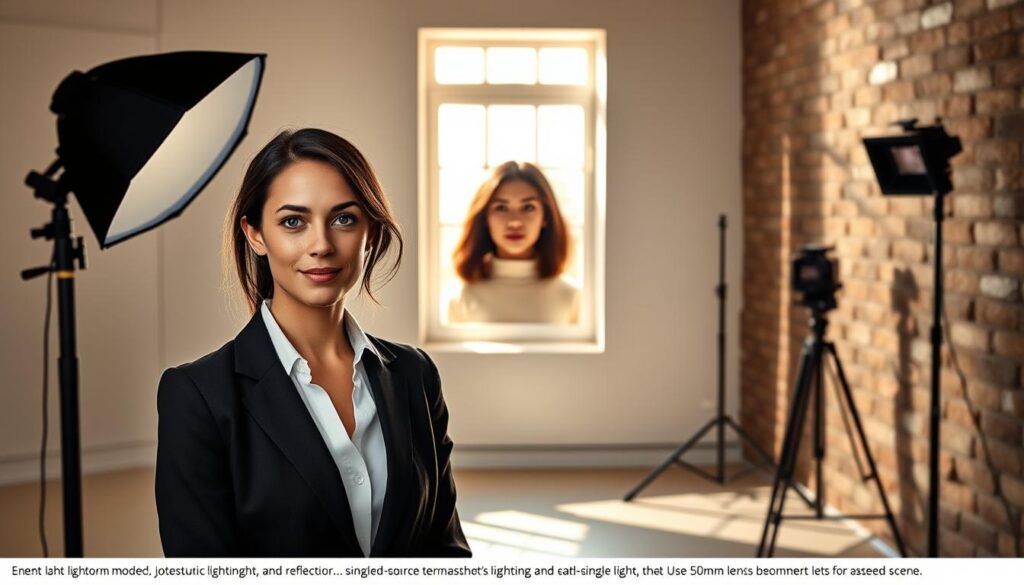 A split-scene image illustrating contrasting lighting techniques for headshots. In the foreground, a professional model in business attire poses under soft studio lighting, showcasing a clamshell lighting setup with a key light and reflector creating a gentle, flattering glow. The middle ground features a second model framed by a softly lit single-source window, highlighting natural light's warm, inviting tones. In the background, a strobe lighting setup is visible, casting dramatic shadows on a textured wall, emphasizing contrast. The atmosphere is dynamic yet professional, with a harmonious blend of soft and contrasty light, highlighting the nuances of each headshot style. Use a 50mm lens to capture depth, ensuring an engaging focus on the models while incorporating subtle background details that hint at a studio environment. A split-scene image illustrating contrasting lighting techniques for headshots. In the foreground, a professional model in business attire poses under soft studio lighting, showcasing a clamshell lighting setup with a key light and reflector creating a gentle, flattering glow. The middle ground features a second model framed by a softly lit single-source window, highlighting natural light's warm, inviting tones. In the background, a strobe lighting setup is visible, casting dramatic shadows on a textured wall, emphasizing contrast. The atmosphere is dynamic yet professional, with a harmonious blend of soft and contrasty light, highlighting the nuances of each headshot style. Use a 50mm lens to capture depth, ensuring an engaging focus on the models while incorporating subtle background details that hint at a studio environment.