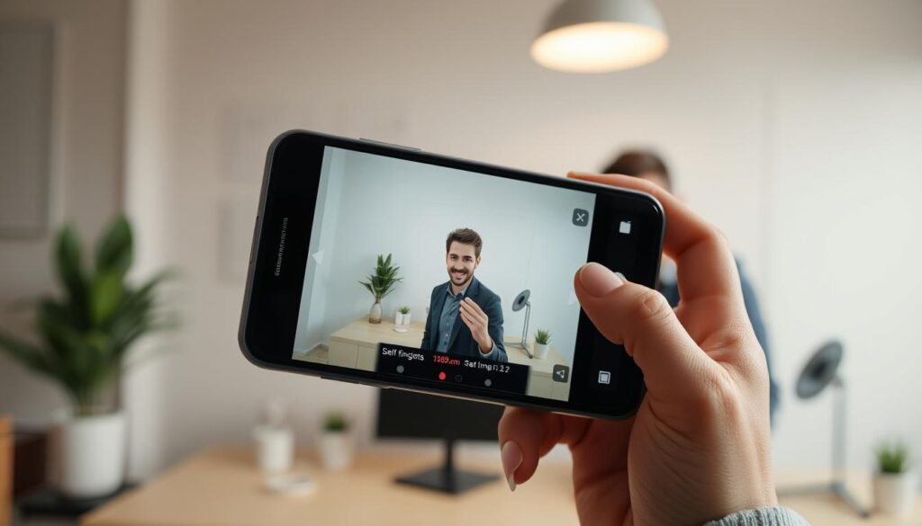 A close-up shot of a modern smartphone displaying camera settings for taking headshots, including the self-timer app. The foreground features the phone held at an angle, showcasing the screen filled with framing guides and a timer countdown. In the middle, a well-lit professional environment with a soft-focus backdrop, suggesting a home office or studio setting. The lighting is soft and diffused, creating an inviting atmosphere that emphasizes clarity. The background includes subtle decor items like a plant and a plain wall, contributing to a calm and focused mood. Ensure the phone user in the frame wears smart casual attire, appearing engaged and adjusting settings thoughtfully. The overall tone is informative and professional, ideal for guidance on taking effective headshots.