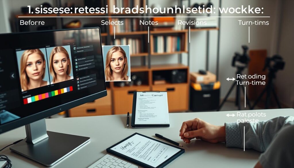 A detailed visual workflow of professional headshot retouching, illustrating the sequence: proofs, selects, notes, revisions, and turn-times. In the foreground, a sleek workstation with a high-resolution monitor displaying before-and-after images of headshots and a color palette. The middle section features neatly organized notes and a stylus on a tablet, indicating client feedback and revisions. In the background, softly blurred shelves with photography books and equipment create a professional atmosphere. Natural lighting illuminates the scene, highlighting the subtle textures of skin and fabric, with a warm, inviting mood. Captured from a slight overhead angle to provide a comprehensive view of the workflow space, emphasizing organization and clarity in the retouching process.