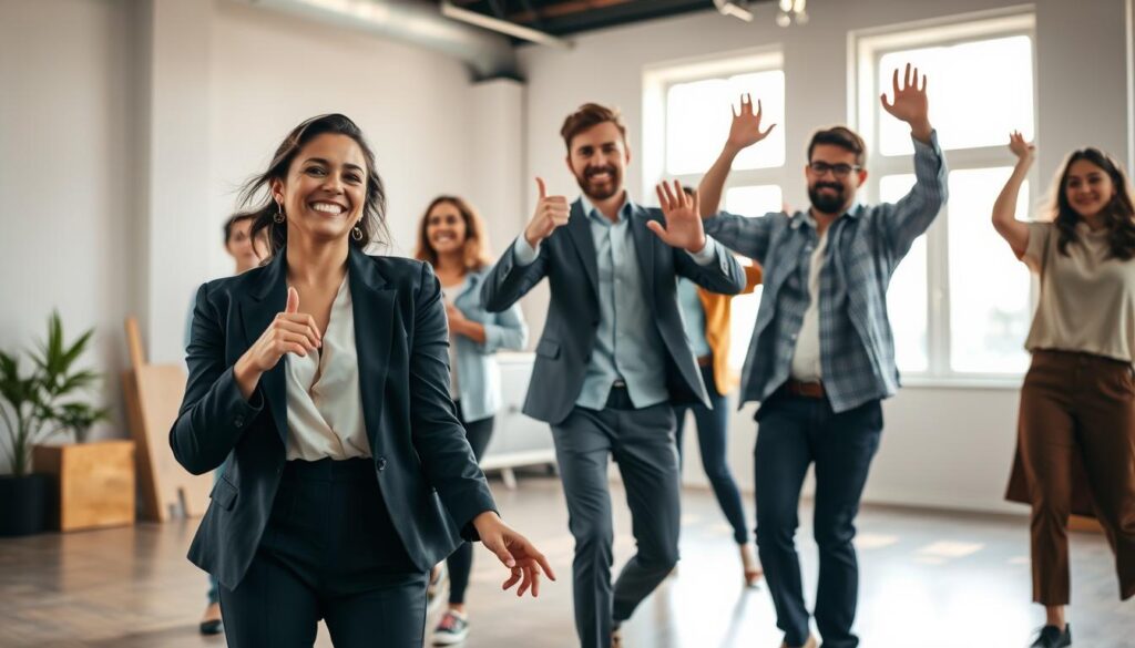 A dynamic photo shoot scene depicting a group of diverse individuals engaged in a lively, interactive environment, showcasing confidence and genuine energy. The foreground features a woman in a professional yet relaxed outfit, smiling as she dances lightly, facilitating movement. In the middle, a man in smart casual attire gives a thumbs-up while another person stretches, all exuding enthusiasm. The background should show a bright studio space with soft, natural light streaming in through large windows, capturing a warm, inviting atmosphere. Use a wide-angle lens to create a sense of depth and movement, emphasizing the fun, energetic vibe of the moment. The overall mood should be uplifting and motivational, embodying the essence of music, movement, and the power of microbreaks.