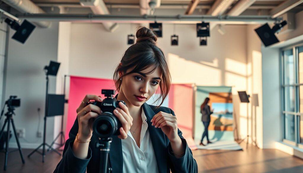 A modern photography studio showcasing a professional female photographer in her element, capturing images for various social media platforms. In the foreground, she focuses intently on her camera, dressed in chic professional attire, her thoughtful expression highlighting her expertise. In the middle, a dynamic setup displays different props and backdrops tailored to various social media aesthetics – bright colors for Instagram, minimalistic for LinkedIn, and vibrant scenes for TikTok. The background features soft lighting that enhances the creative atmosphere, with artful shadows casting intriguing patterns on the walls. A large window allows natural light to flood in, creating a warm and inviting mood. The overall composition conveys a blend of professionalism and creativity, emphasizing a platform-specific photography strategy for entrepreneurs. A modern photography studio showcasing a professional female photographer in her element, capturing images for various social media platforms. In the foreground, she focuses intently on her camera, dressed in chic professional attire, her thoughtful expression highlighting her expertise. In the middle, a dynamic setup displays different props and backdrops tailored to various social media aesthetics – bright colors for Instagram, minimalistic for LinkedIn, and vibrant scenes for TikTok. The background features soft lighting that enhances the creative atmosphere, with artful shadows casting intriguing patterns on the walls. A large window allows natural light to flood in, creating a warm and inviting mood. The overall composition conveys a blend of professionalism and creativity, emphasizing a platform-specific photography strategy for entrepreneurs.