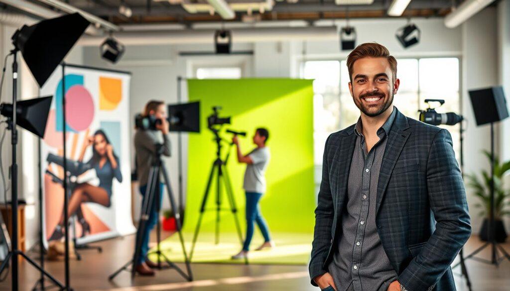 A modern studio setting showcasing personal brand photography trends. In the foreground, a well-dressed entrepreneur poses confidently with a warm smile, wearing a smart blazer and casual shirt, standing beside a stylish setup with professional lighting equipment. The middle layer features another photographer adjusting a camera on a tripod, capturing creative angles and perspectives. The background showcases soft-focus colorful backdrops representing trendy design elements, with soft natural light streaming through large windows. The atmosphere is inviting and inspiring, with a sense of professionalism and innovation. This composition contrasts sharp, engaging portraits with airy, elegant decor, reflecting the evolution of branding photography while steering clear of outdated styles. A modern studio setting showcasing personal brand photography trends. In the foreground, a well-dressed entrepreneur poses confidently with a warm smile, wearing a smart blazer and casual shirt, standing beside a stylish setup with professional lighting equipment. The middle layer features another photographer adjusting a camera on a tripod, capturing creative angles and perspectives. The background showcases soft-focus colorful backdrops representing trendy design elements, with soft natural light streaming through large windows. The atmosphere is inviting and inspiring, with a sense of professionalism and innovation. This composition contrasts sharp, engaging portraits with airy, elegant decor, reflecting the evolution of branding photography while steering clear of outdated styles.