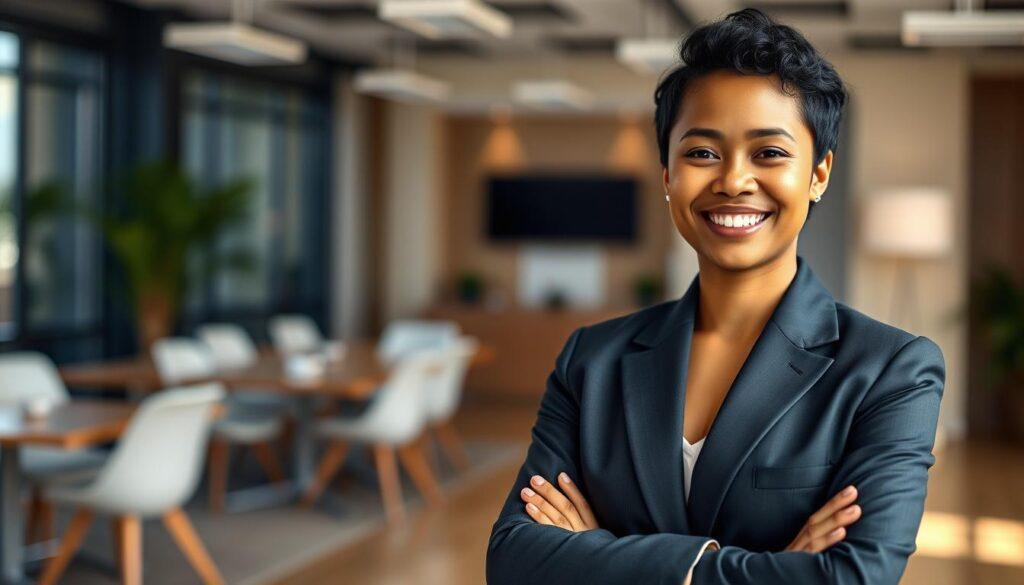 A professional business headshot guide featuring a diverse individual in formal business attire, confidently posing for a photograph. In the foreground, the subject stands with a slight tilt of the shoulders, arms relaxed at the sides, and a warm, approachable smile. The middle section showcases the background of a modern office setting with soft-focus furnishings, hinting at a dynamic workspace environment. Utilize soft, diffused natural lighting from the left to enhance the subject’s facial features while creating gentle shadows for depth. The camera angle is slightly above eye level, capturing a flattering perspective. Aim for a polished, professional atmosphere that conveys confidence, approachability, and expertise, perfect for aspiring entrepreneurs in search of effective headshot techniques.