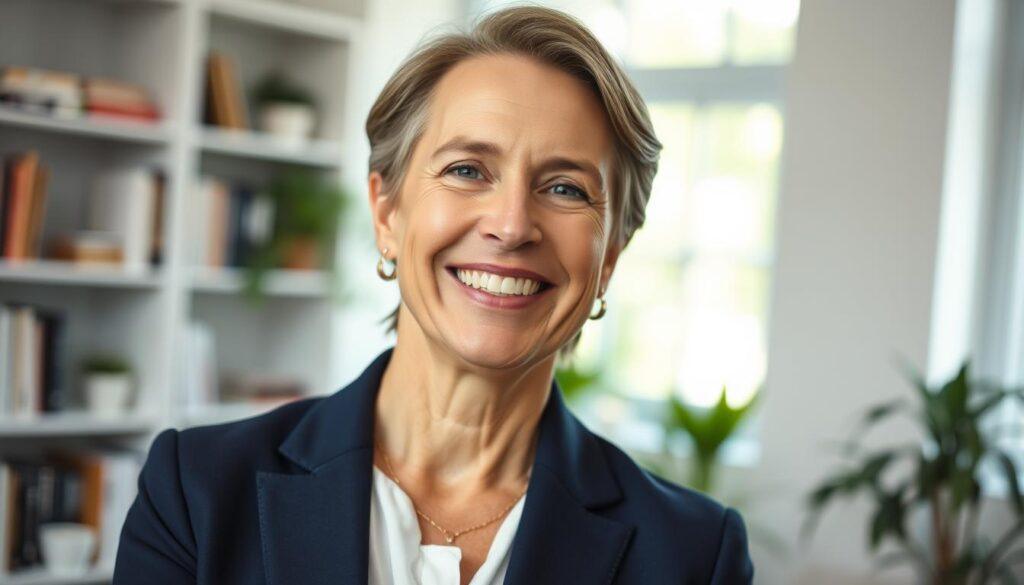 A professional business headshot of a life coach undergoing a makeover, showcasing a warm yet confident demeanor. In the foreground, a middle-aged individual with a welcoming smile, wearing a tailored navy blazer, white shirt, and subtle accessories, exudes professionalism. The background softly blurs a serene office setting with bookshelves and plants, enhancing the feeling of tranquility. Natural light spills in from a window, casting gentle highlights on the subject's face. Use a slight upward angle to capture their engaging expression, conveying approachability and expertise. The overall mood is uplifting and inspiring, reflecting the transformative power of a polished professional image. No text or logos present.