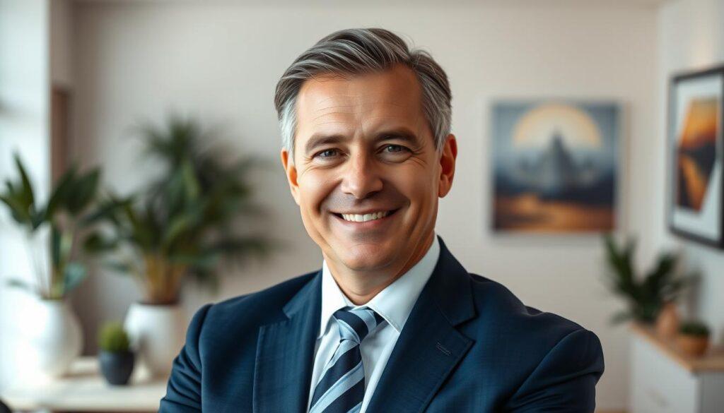 A professional consultant transformation in an executive headshot setting. In the foreground, a confident middle-aged man dressed in a tailored navy suit, white shirt, and subtle striped tie, exuding approachability and authority. His hair is neatly styled, and he wears a warm, genuine smile, projecting both competence and openness. The middle ground features a softly focused office environment, adorned with elegant, minimalist decor, including plants and modern artwork on the walls, suggesting sophistication without clutter. The background is a soft gradient of warm colors, enhancing the mood of professionalism and success. Soft, natural lighting illuminates the consultant's face, creating a welcoming atmosphere, with a slight bokeh effect to emphasize the subject. The composition should be a head-and-shoulders shot, captured from a slightly lower angle to enhance the subject's presence and impact.