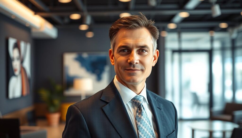A professional headshot of an expert consultant, embodying success and authority, set against a softly blurred office environment. The subject, a middle-aged Caucasian male, dressed in a tailored navy suit with a crisp white shirt and a patterned tie, exudes confidence and approachability. The lighting is warm and inviting, highlighting his thoughtful expression and well-groomed features. Shot with a shallow depth of field, the focus is on his face, while the background suggests a modern banking or tech office, featuring abstract artworks and sleek furniture. The atmosphere is sophisticated yet relatable, conveying a sense of expertise without stereotypes, suitable for the different industry sectors discussed. A professional headshot of an expert consultant, embodying success and authority, set against a softly blurred office environment. The subject, a middle-aged Caucasian male, dressed in a tailored navy suit with a crisp white shirt and a patterned tie, exudes confidence and approachability. The lighting is warm and inviting, highlighting his thoughtful expression and well-groomed features. Shot with a shallow depth of field, the focus is on his face, while the background suggests a modern banking or tech office, featuring abstract artworks and sleek furniture. The atmosphere is sophisticated yet relatable, conveying a sense of expertise without stereotypes, suitable for the different industry sectors discussed.