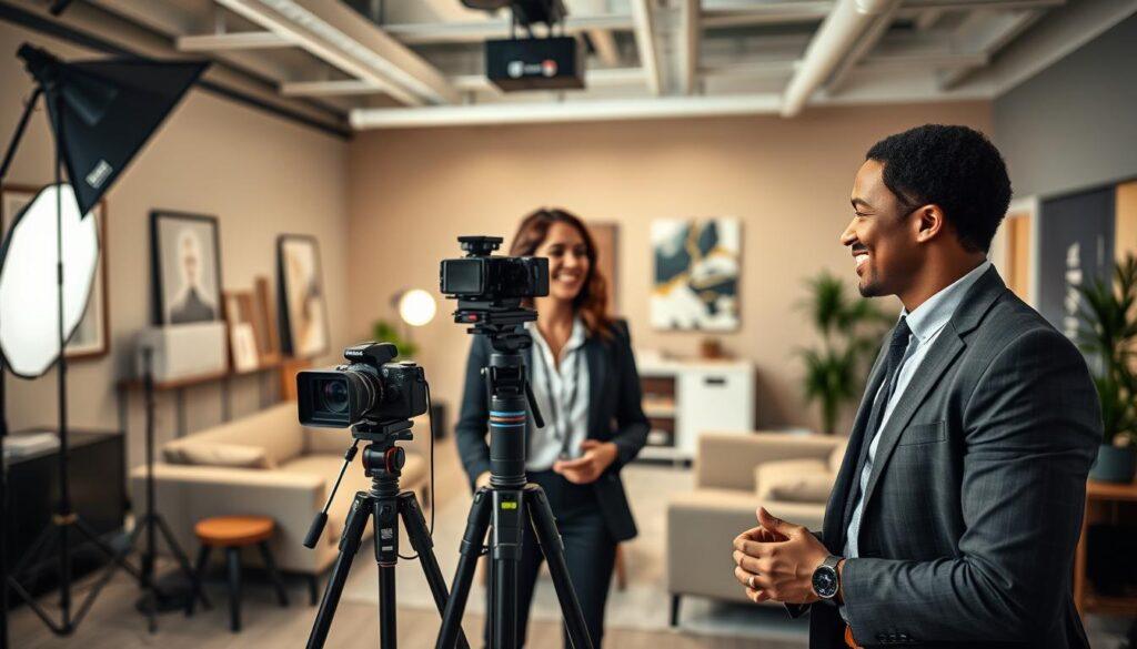 A professional photographer's studio, highlighting a client consultation scene. In the foreground, a diverse business consultant wearing smart casual attire is engaged in conversation, showcasing open body language and a warm smile. The middle ground features a sleek camera setup on a tripod, with softbox lighting creating a flattering glow. The background is subtly blurred, showcasing a well-organized studio environment with neutral colors, elegant furniture, and branding materials. Use a wide-angle lens effect to capture the depth of the space, enhancing the inviting atmosphere. The mood is collaborative and inspiring, emphasizing the psychology of business photography as the consultant connects with their client, embodying professionalism and approachability. A professional photographer's studio, highlighting a client consultation scene. In the foreground, a diverse business consultant wearing smart casual attire is engaged in conversation, showcasing open body language and a warm smile. The middle ground features a sleek camera setup on a tripod, with softbox lighting creating a flattering glow. The background is subtly blurred, showcasing a well-organized studio environment with neutral colors, elegant furniture, and branding materials. Use a wide-angle lens effect to capture the depth of the space, enhancing the inviting atmosphere. The mood is collaborative and inspiring, emphasizing the psychology of business photography as the consultant connects with their client, embodying professionalism and approachability.