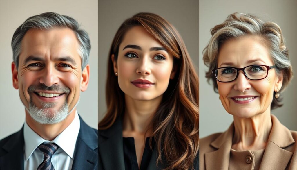 A series of three diverse individuals, all in professional business attire, displaying authentic headshot expressions. The first person, a middle-aged male with a warm smile, embodies “friendly competent.” The second, a young female with gentle features, presents a “thoughtful” expression, looking slightly off-camera as if in deep contemplation. The last individual, an older woman with a confident presence, radiates an “approachable expert” demeanor, engaging directly with the viewer through her friendly gaze. Set against a soft, neutral backdrop that enhances their expressions, soft natural lighting casts a flattering glow on their faces. The image captures a close-up angle to emphasize the subtle nuances of their facial expressions, promoting a warm and inviting atmosphere suitable for conveying professionalism and approachability.