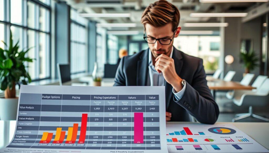 A sophisticated budget investment analysis table displayed in a well-lit, modern office environment. In the foreground, the table features neatly organized columns with headings such as "Package Options," "Pricing Expectations," and "Value Analysis," filled with colorful bar charts and pie graphs illustrating data insights. In the middle ground, a professional business person, dressed in a smart blazer and shirt, thoughtfully reviewing the table, their face showing focus and determination. The background includes sleek office furniture and large windows allowing natural light to filter in, creating an energetic yet professional mood. The overall atmosphere is vibrant and inspiring, inviting the viewer to engage with the concept of financial planning for headshot photography investments.