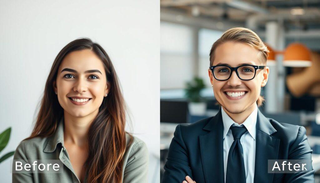 A split-image transformation showcasing a creative entrepreneur before and after their personal branding journey. In the foreground, depict two headshots of the same individual: on the left, a casual pose with a relaxed expression in a simple, unadorned background; on the right, the same individual in a polished business attire, exuding confidence and professionalism, set against a modern office background with soft-focus elements. The lighting should be bright and uplifting, highlighting their facial features, with a slight glow around the after image to signify transformation. The atmosphere is vibrant and inspiring, illustrating the balance between personality and professionalism, emphasizing the entrepreneur's growth and evolution in their branding.