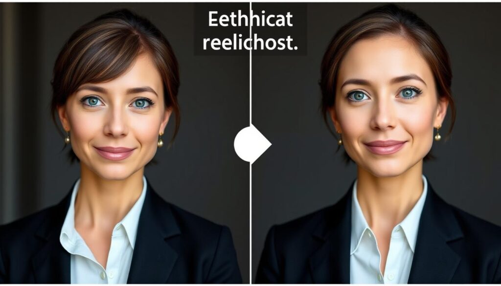 A split-screen comparison image illustrating an ethical headshot retouching process. On the left, a natural, untouched headshot of a professional individual dressed in business attire with modest styling and an approachable expression. On the right, the same person’s headshot after retouching, showcasing subtle improvements while maintaining authentic skin texture, bright eyes, and a clean background. Use soft, diffused lighting to enhance facial features without harsh shadows. The angle is straight-on to emphasize symmetry, creating a balanced and professional atmosphere. The mood is confident and approachable, reflecting the values of trust and authenticity in headshot photography. Clear distinction between the two images highlights realistic improvements without altering the subject's true appearance.