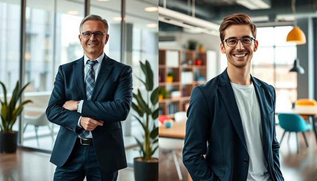 A split-screen image contrasting two professional expressions: on the left, a confidently posed banker in a tailored navy suit, exuding trust and rigor, standing in a sleek office environment with high glass windows and corporate decor. On the right, a tech innovator dressed in smart casual attire, such as a fitted blazer over a crisp T-shirt, depicted in a modern co-working space filled with vibrant colors and creative elements. Both figures should have warm, engaging smiles, reflecting empathy and innovation. The lighting should be bright and inviting, with soft shadows to create depth, captured from a slightly low angle to emphasize the subjects’ authority and approachability. The background should subtly blend office and creative settings. A split-screen image contrasting two professional expressions: on the left, a confidently posed banker in a tailored navy suit, exuding trust and rigor, standing in a sleek office environment with high glass windows and corporate decor. On the right, a tech innovator dressed in smart casual attire, such as a fitted blazer over a crisp T-shirt, depicted in a modern co-working space filled with vibrant colors and creative elements. Both figures should have warm, engaging smiles, reflecting empathy and innovation. The lighting should be bright and inviting, with soft shadows to create depth, captured from a slightly low angle to emphasize the subjects’ authority and approachability. The background should subtly blend office and creative settings.