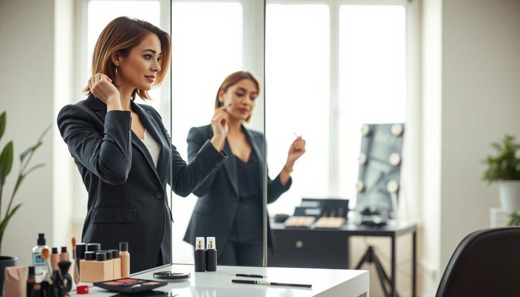 A stylish entrepreneur expertly applying hair and makeup in a bright, modern studio. In the foreground, a confident woman with shoulder-length hair, dressed in professional, tailored attire, carefully adjusts her hairstyle, while a makeup artist, in a modest outfit, assists with subtle makeup applications. The scene captures a blend of creativity and professionalism, with makeup tools and hair products artfully arranged on a sleek vanity. In the middle ground, reflected in a large mirror, the focus is on both the entrepreneur and her makeup artist, highlighting their teamwork. The background features soft, diffused natural light streaming in through large windows, enhancing the inviting atmosphere. The mood is empowering and uplifting, showcasing the art of personal styling for success. A stylish entrepreneur expertly applying hair and makeup in a bright, modern studio. In the foreground, a confident woman with shoulder-length hair, dressed in professional, tailored attire, carefully adjusts her hairstyle, while a makeup artist, in a modest outfit, assists with subtle makeup applications. The scene captures a blend of creativity and professionalism, with makeup tools and hair products artfully arranged on a sleek vanity. In the middle ground, reflected in a large mirror, the focus is on both the entrepreneur and her makeup artist, highlighting their teamwork. The background features soft, diffused natural light streaming in through large windows, enhancing the inviting atmosphere. The mood is empowering and uplifting, showcasing the art of personal styling for success.