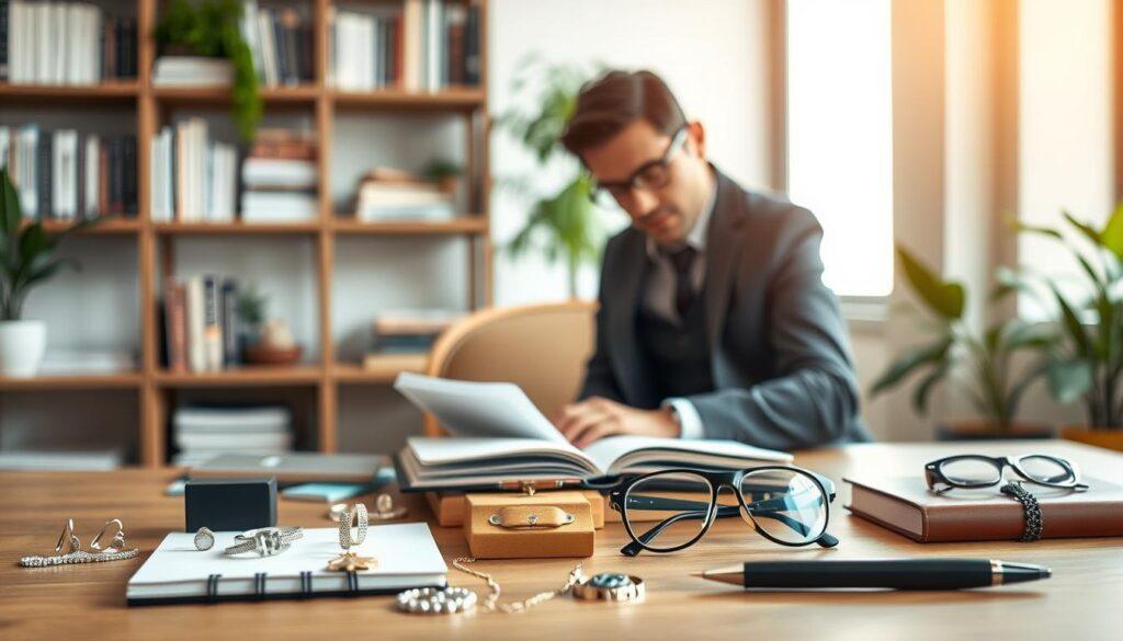 A stylish, modern workspace showcasing a carefully curated selection of accessories for personal branding. In the foreground, a well-organized table displays elegant jewelry pieces, sophisticated eyewear, and tasteful props like a sleek notebook and a designer pen. Midground features a polished professional dressed in smart business attire, thoughtfully examining the accessories with a confident expression. The background includes a softly blurred bookshelf filled with inspirational books and greenery, contributing to a refreshing atmosphere. Warm, natural lighting floods the scene, highlighting the details of the accessories and creating a productive, aspirational mood. The composition captures the essence of strategic accessory selection without distractions, emphasizing clarity and professionalism. A stylish, modern workspace showcasing a carefully curated selection of accessories for personal branding. In the foreground, a well-organized table displays elegant jewelry pieces, sophisticated eyewear, and tasteful props like a sleek notebook and a designer pen. Midground features a polished professional dressed in smart business attire, thoughtfully examining the accessories with a confident expression. The background includes a softly blurred bookshelf filled with inspirational books and greenery, contributing to a refreshing atmosphere. Warm, natural lighting floods the scene, highlighting the details of the accessories and creating a productive, aspirational mood. The composition captures the essence of strategic accessory selection without distractions, emphasizing clarity and professionalism.
