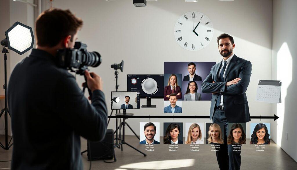 A visually engaging timeline illustrating key moments in an entrepreneur's photography journey. In the foreground, a professional photographer is capturing an entrepreneur in a well-lit studio, equipped with high-end camera gear. The entrepreneur, dressed in business attire, poses confidently, showcasing their personality. In the middle ground, various stages of the photography process are depicted: the setup of lighting, the editing process on a computer screen, and printed headshots displaying different styles. In the background, a subtle clock and calendar motif represents timelines and deadlines, creating a sense of urgency. Bright, natural lighting floods the scene, casting soft shadows for depth. The overall mood is dynamic and inspiring, perfectly reflecting the essence of entrepreneurship and professionalism.