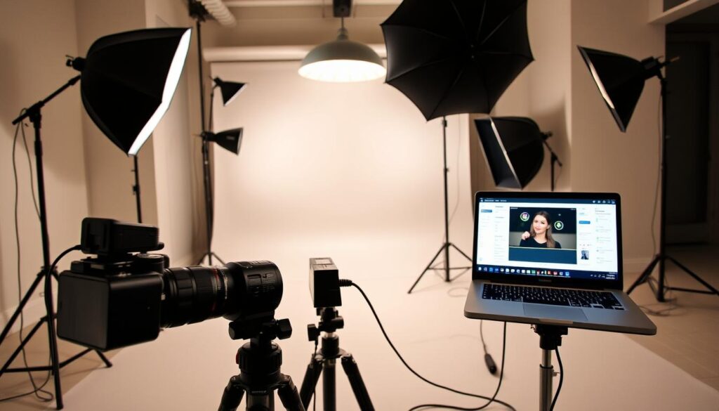 A well-organized professional headshot lighting and tethering setup in a modern photography studio. In the foreground, a sleek camera on a tripod with a prime lens, facing an empty space where a model would stand. The middle layer features professional studio lights, including softboxes and umbrellas, casting soft, diffused light with a slight catchlight effect. Cables are neatly laid out, connecting to a laptop displaying live tethering software, showcasing real-time adjustments to the shot. In the background, a backdrop of neutral tones enhances the professional look, creating a calm and focused atmosphere. The overall mood conveys a sense of preparation and professionalism, suitable for capturing high-quality headshots.