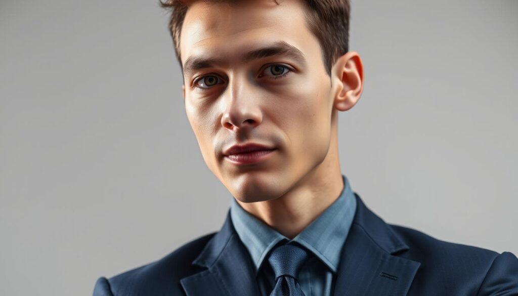 A close-up of a professional entrepreneur in a well-lit studio, showcasing detailed headshot editing techniques. The individual, dressed in a crisp, tailored navy suit with a subtle tie, has neatly styled hair, emphasizing their confidence and professionalism. In the foreground, subtle adjustments are illustrated on the suit's collar, showcasing the editing process of ensuring a clean and polished appearance. In the middle, focus on the smooth skin texture and natural facial features, highlighting the importance of minor touch-ups in enhancing the overall look. The background is a soft, blurred gradient of light gray, creating a clean and sophisticated atmosphere, evoking a sense of professionalism and refinement, with soft, diffused lighting to create an inviting mood. A close-up of a professional entrepreneur in a well-lit studio, showcasing detailed headshot editing techniques. The individual, dressed in a crisp, tailored navy suit with a subtle tie, has neatly styled hair, emphasizing their confidence and professionalism. In the foreground, subtle adjustments are illustrated on the suit's collar, showcasing the editing process of ensuring a clean and polished appearance. In the middle, focus on the smooth skin texture and natural facial features, highlighting the importance of minor touch-ups in enhancing the overall look. The background is a soft, blurred gradient of light gray, creating a clean and sophisticated atmosphere, evoking a sense of professionalism and refinement, with soft, diffused lighting to create an inviting mood.