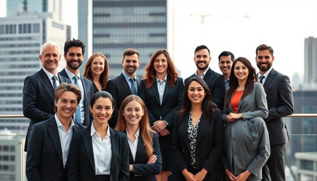 A diverse group of professionals engaging in a coordinated business photography session, showcasing various strategies for capturing both small teams and large organizations. In the foreground, a small team of four individuals, dressed in smart business attire, smile confidently, standing shoulder to shoulder against a sleek city skyline backdrop. The middle ground features a larger group of ten professionals, arranged artfully in a semi-circle, reflecting unity and collaboration, with soft natural light illuminating their faces. The background boastfully displays a modern office building, hinting at a dynamic corporate environment. The mood is upbeat and inspirational, emphasizing teamwork and professionalism, with the angle capturing both groups harmoniously. Use a wide lens perspective to encompass the sense of scale while ensuring clarity and depth in each figure’s expression.