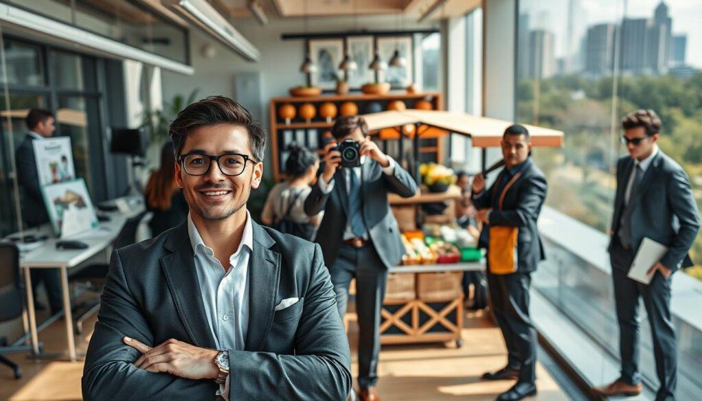 A diverse group of well-dressed professionals in a variety of industry-specific locations, showcasing strategic brand photography settings. In the foreground, a confident entrepreneur in a sleek office space, surrounded by modern technology and promotional materials. In the middle ground, a creative professional taking photos in a vibrant café with artistic decorations, while another is at an outdoor market, engaging with local suppliers. The background features a high-rise cityscape and a serene park, representing contrasting environments. Soft, natural lighting casts flattering shadows, with a shallow depth of field to focus on the subjects. The mood is dynamic and inspiring, reflecting the harmony between business type and their ideal settings, evoking a sense of purpose and professionalism.