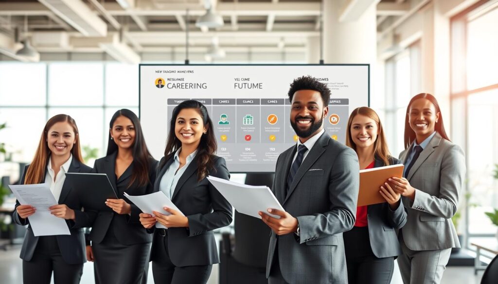 A dynamic split-scene image depicting five diverse new graduates and career pivoters in a bright, modern office environment. In the foreground, individuals in professional business attire showcase their transformations—smiling confidently while holding their polished resumes and engaged in discussions. In the middle ground, a large timeline visible on a digital screen illustrates key milestones and outcomes in their career journeys, incorporating vibrant icons representing success and achievement. The background features a bustling office space with large windows, letting in natural light, giving the scene an uplifting and motivated atmosphere. The overall mood is one of inspiration and professionalism, highlighting the transformative power of personal brand makeovers. Soft-focus on the background enhances the depth, while the lighting creates a warm and inviting ambiance.