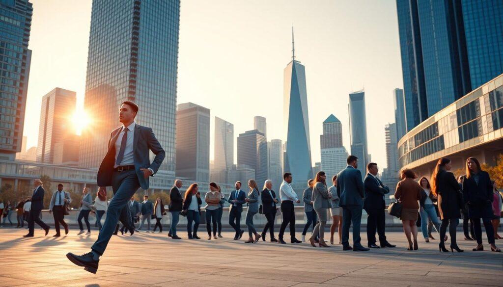 A dynamic urban cityscape at sunrise, showcasing modern skyscrapers and bustling streets. In the foreground, a professional entrepreneur in smart business attire confidently strides, symbolizing ambition and drive. The mid-ground features diverse groups of people engaged in discussions and networking, reflecting a vibrant business community. The background showcases iconic city landmarks, with a warm golden light casting long shadows and highlighting the architectural details. A slight lens flare adds an energetic feel, suggesting growth and opportunity. The atmosphere is vibrant and inspiring, epitomizing the essence of success in an urban setting. The image should be clear and free from any text or logos, focusing solely on the vibrant city atmosphere and the essence of professional ambition.